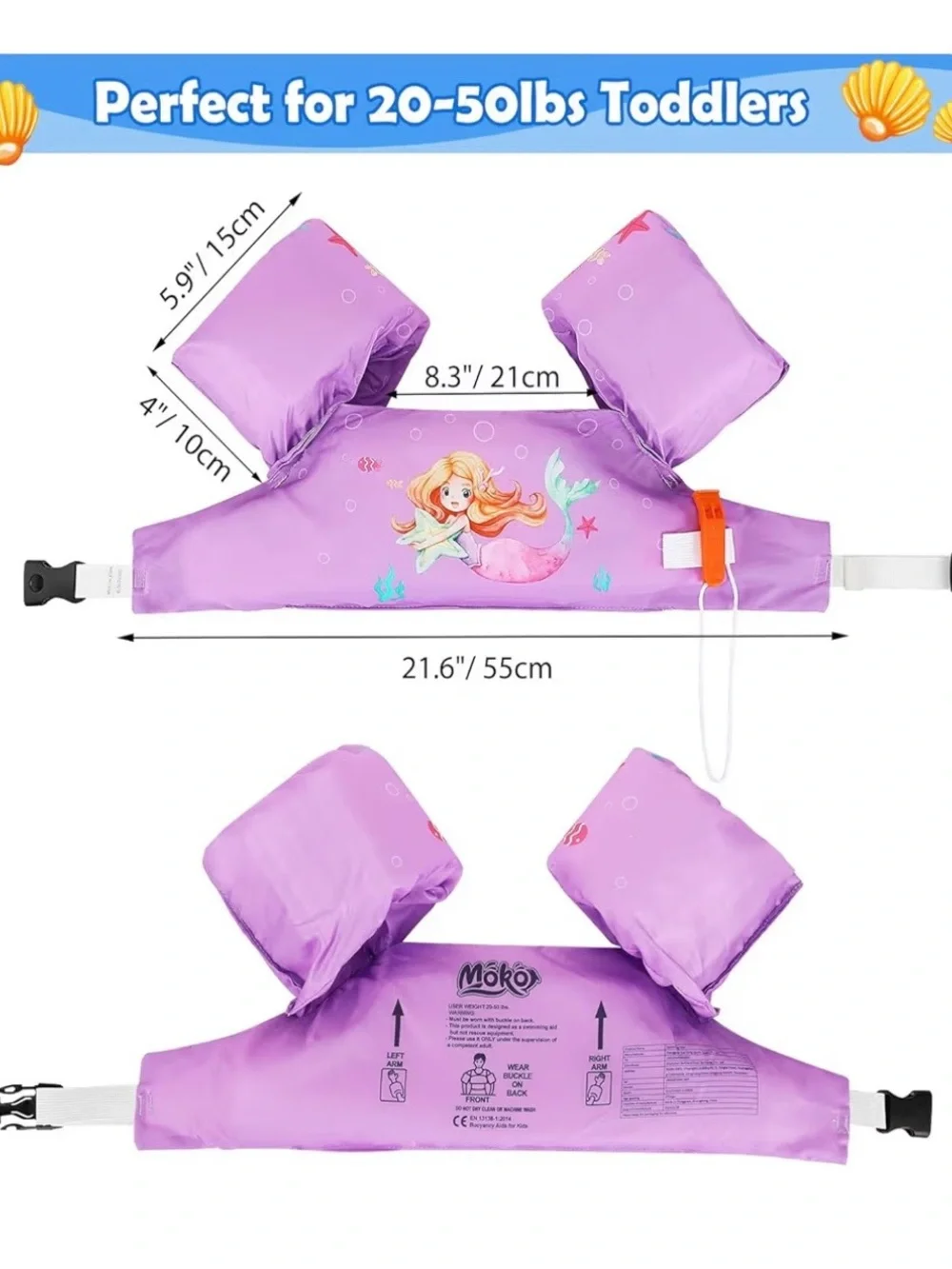 Kids Purple Mermaid Swim Float Jacket - Secure Arm Float Trainer